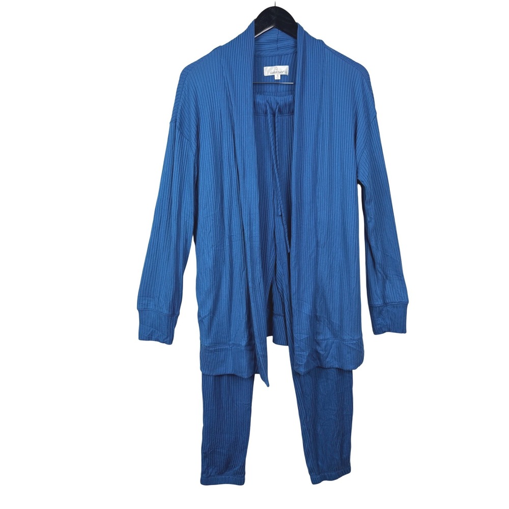 Cuddl Duds 2PC S Women's TEAL Blue Ribbed Knit Lounge Set Open Cardigan & Pants